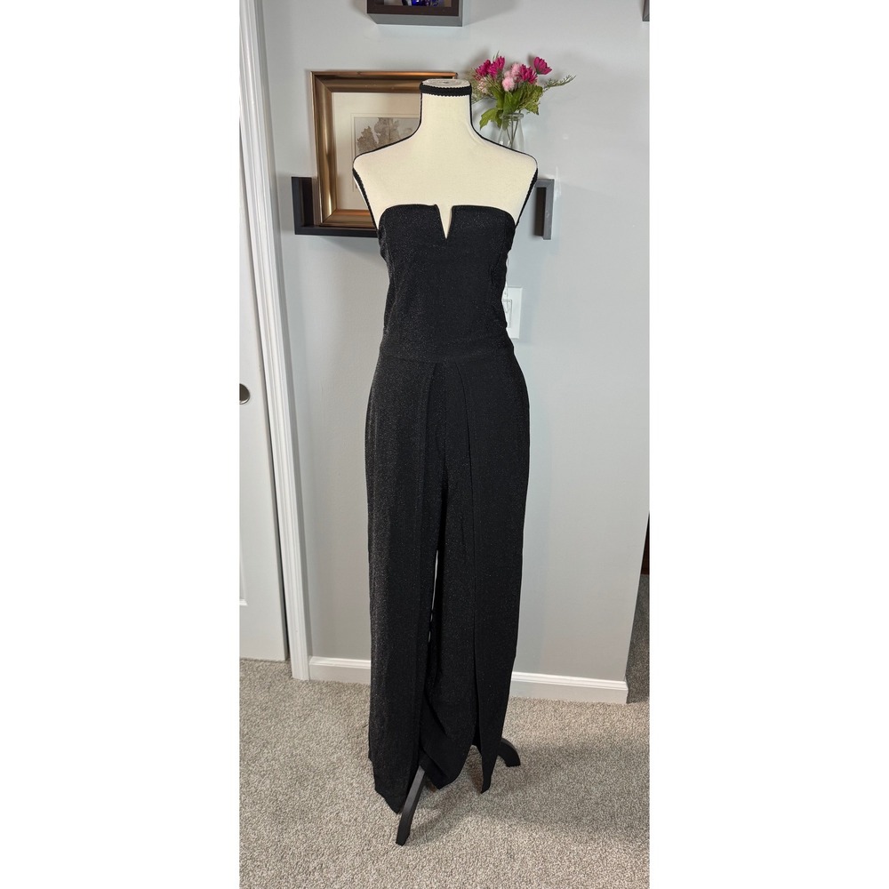 No Boundaries Glam Party Sexy Strapless Jumpsuit Wide Leg Slit L 12-14 Metallic